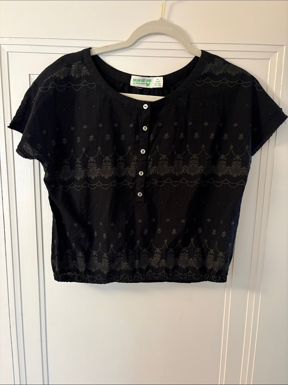 Black Short-Sleeve Embroidered Henley Crop Top